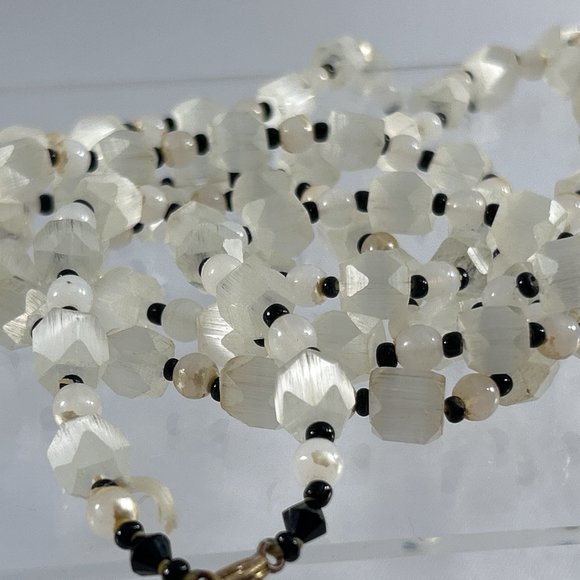 Long 56" Beaded Necklace White Faceted Beads Black Spacers Tunic Length - Picture 11 of 12